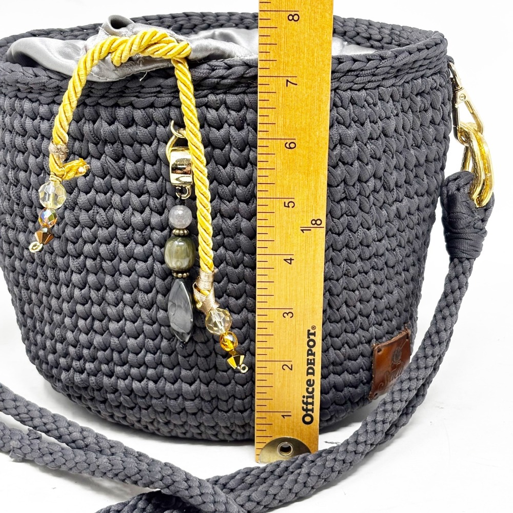Saeli Handmade Crochet Bucket Bag Charcoal Gray Drawstring Satin Lined Beaded - Picture 9 of 13